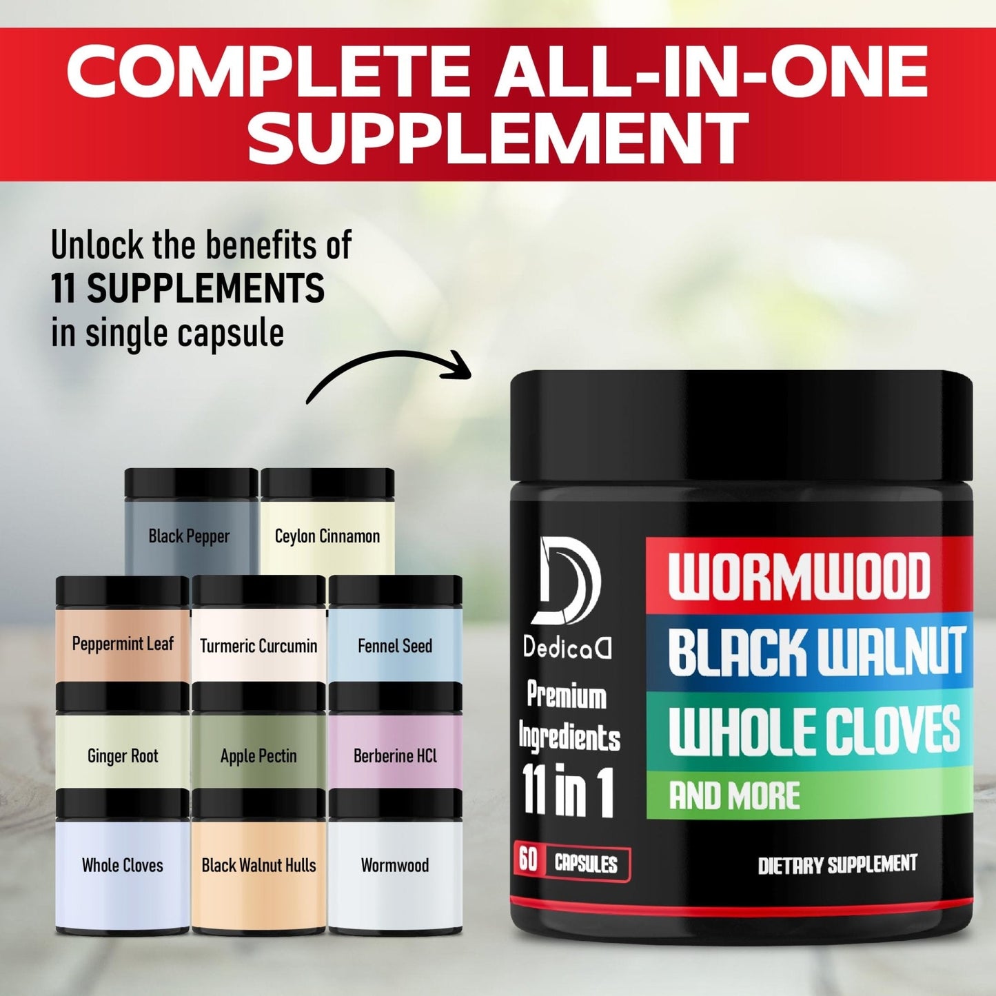 DEDICAD Wormwood Capsules Supplement - Extracted from Black Walnut, Cloves, Turmeric, Apple, Berberine HCl & More - 11 Ingredients Combined for Immune System, Body Management - 60 Capsules - Maple Wellness Supplements
