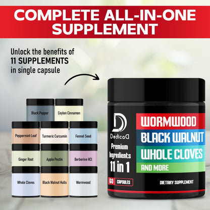 DEDICAD Wormwood Capsules Supplement - Extracted from Black Walnut, Cloves, Turmeric, Apple, Berberine HCl & More - 11 Ingredients Combined for Immune System, Body Management - 60 Capsules - Maple Wellness Supplements