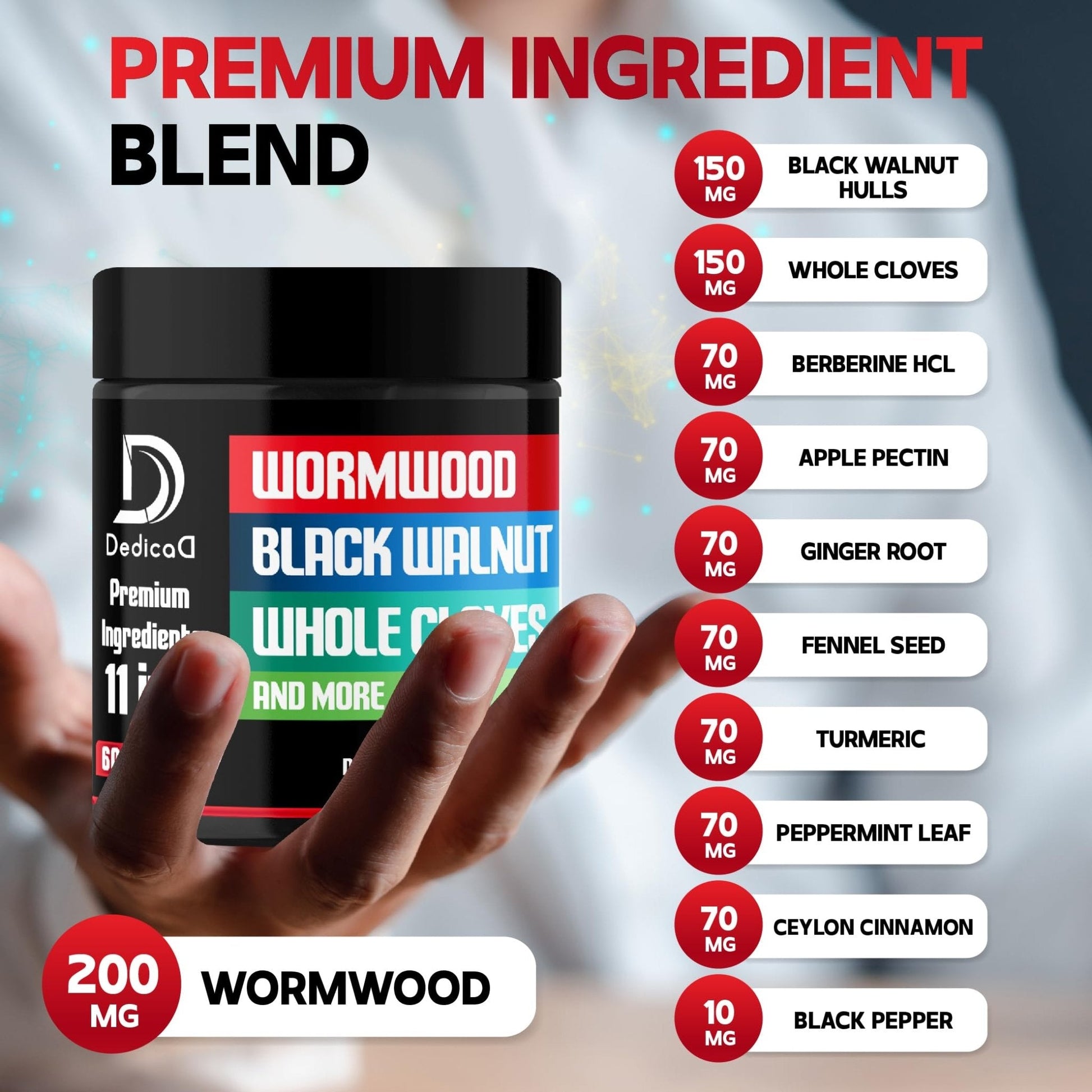 DEDICAD Wormwood Capsules Supplement - Extracted from Black Walnut, Cloves, Turmeric, Apple, Berberine HCl & More - 11 Ingredients Combined for Immune System, Body Management - 60 Capsules - Maple Wellness Supplements