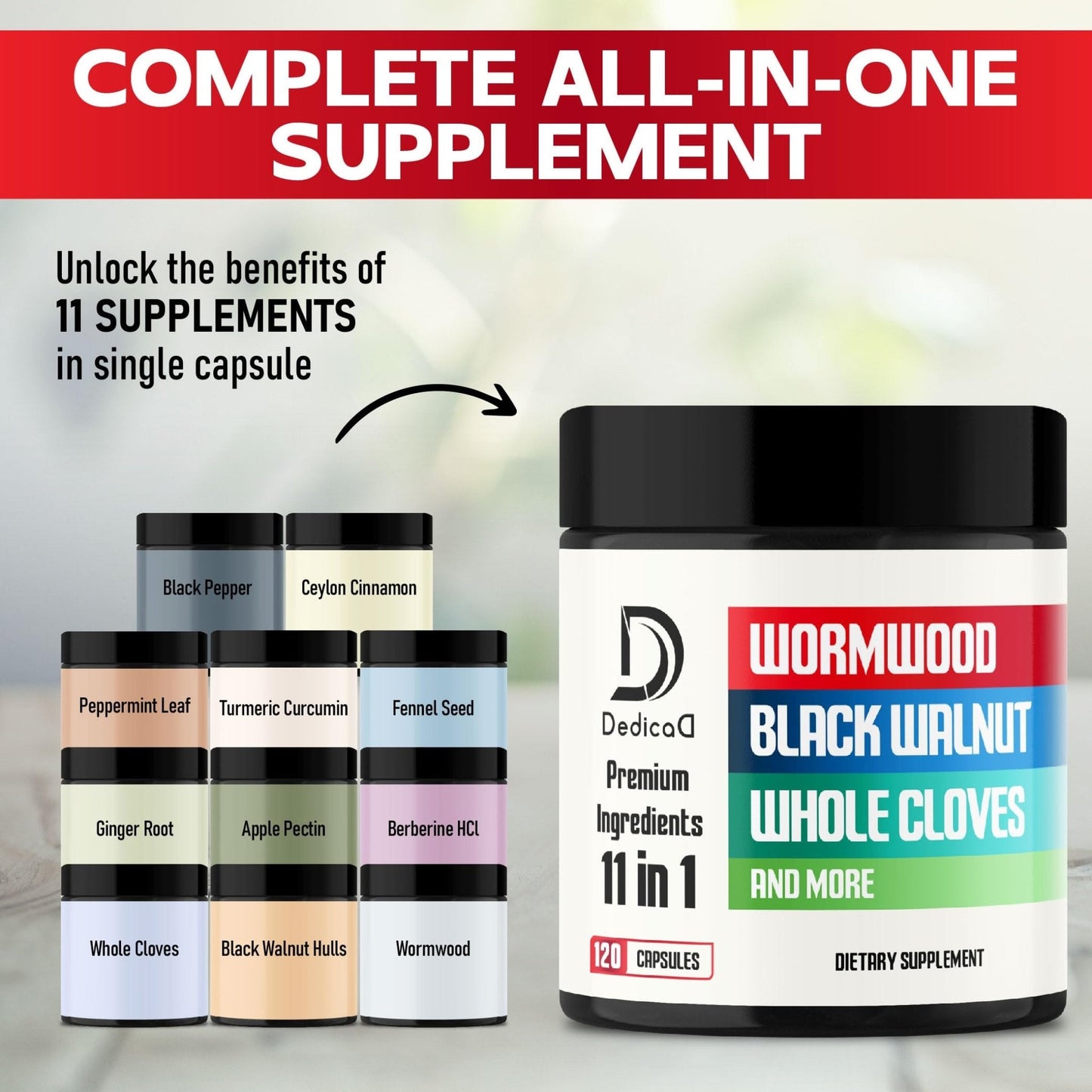 DEDICAD Wormwood Supplement - 120 Capsules Extracted from Black Walnut, Cloves, Turmeric, Apple, Berberine HCl & More - 11 Ingredients Combined for Immune System - 2-Month Supply - Maple Wellness Supplements