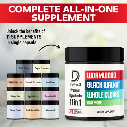 DEDICAD Wormwood Supplement - 120 Capsules Extracted from Black Walnut, Cloves, Turmeric, Apple, Berberine HCl & More - 11 Ingredients Combined for Immune System - 2-Month Supply - Maple Wellness Supplements