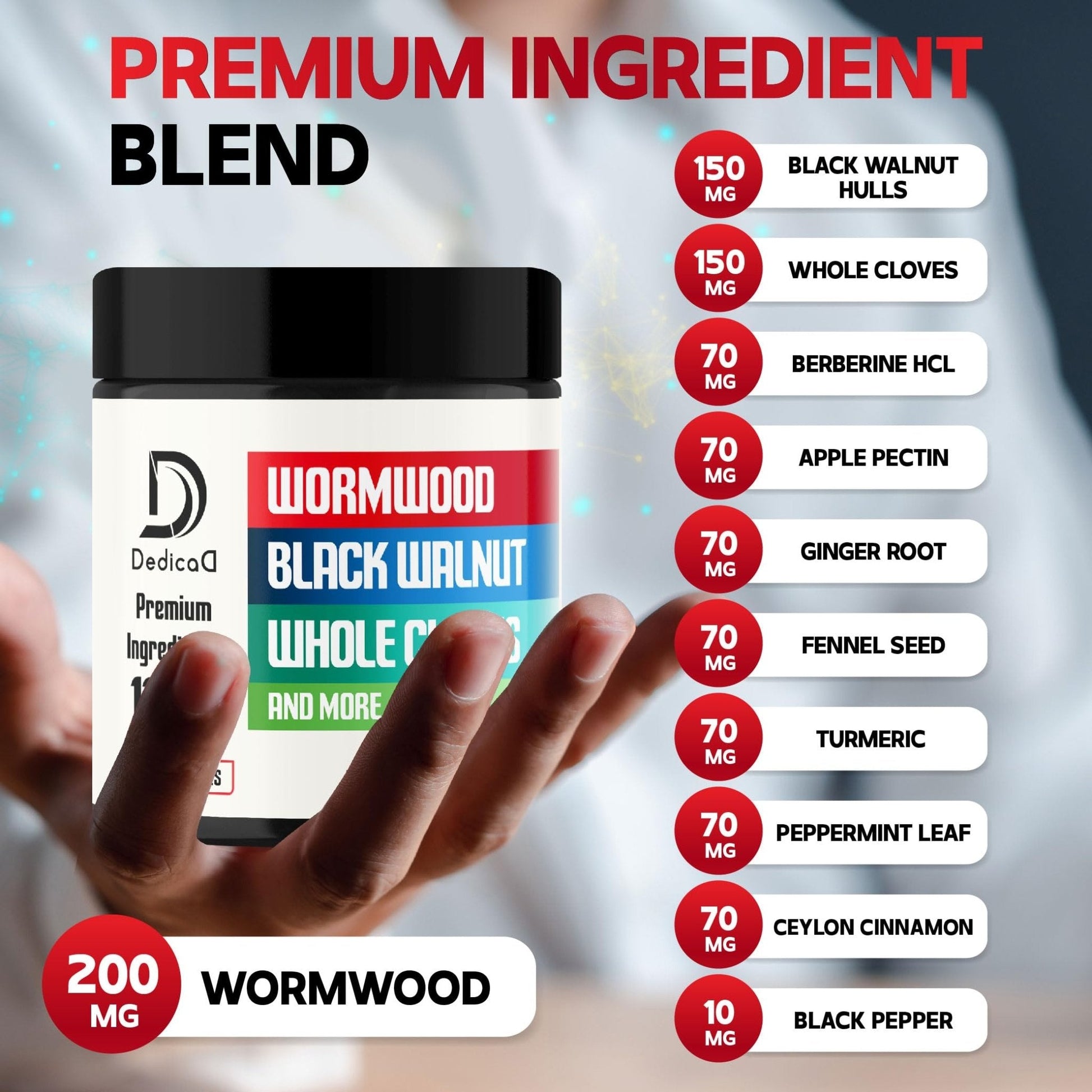 DEDICAD Wormwood Supplement - 120 Capsules Extracted from Black Walnut, Cloves, Turmeric, Apple, Berberine HCl & More - 11 Ingredients Combined for Immune System - 2-Month Supply - Maple Wellness Supplements