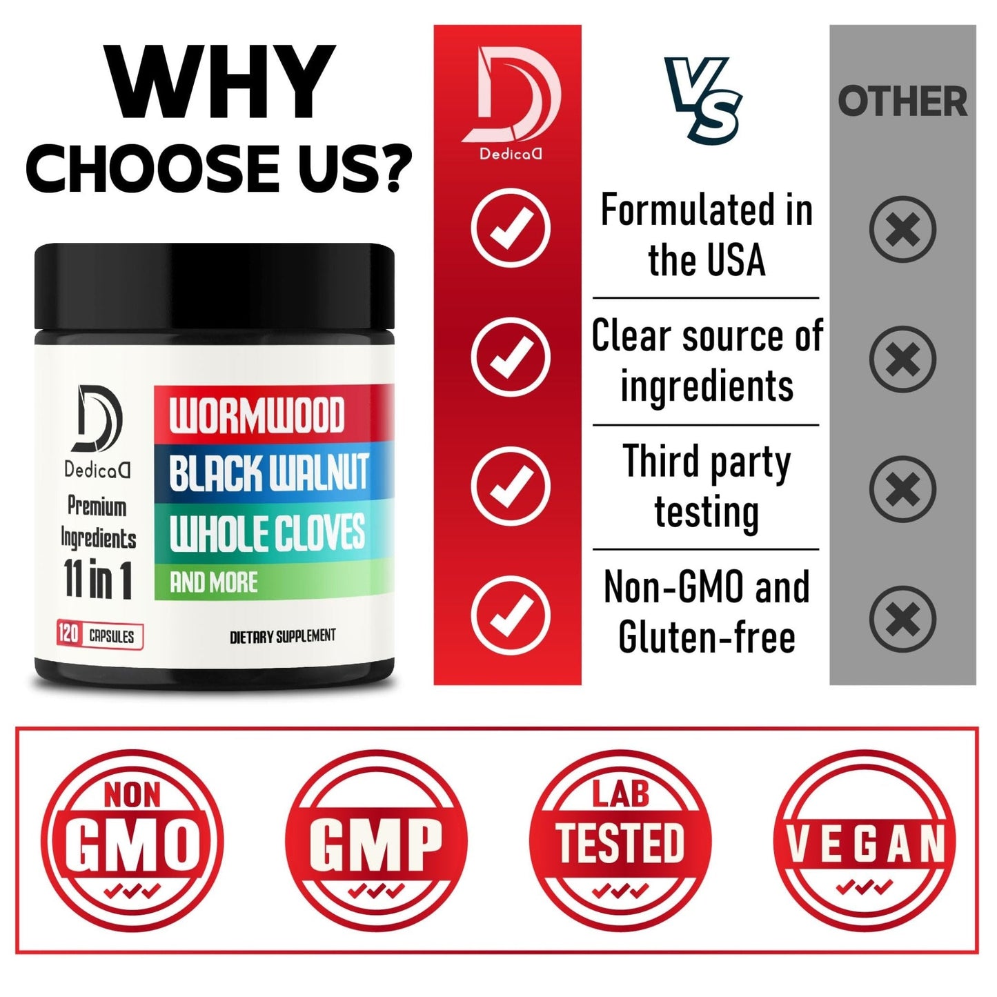 DEDICAD Wormwood Supplement - 120 Capsules Extracted from Black Walnut, Cloves, Turmeric, Apple, Berberine HCl & More - 11 Ingredients Combined for Immune System - 2-Month Supply - Maple Wellness Supplements