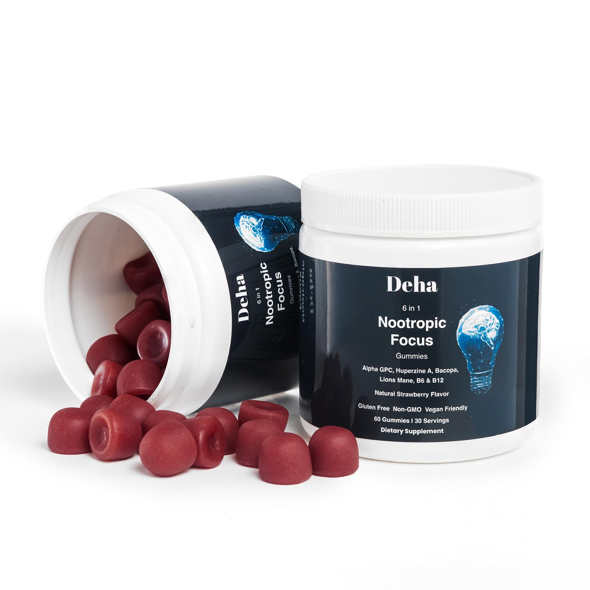Deha Focus Gummies Nootropic Brain Supplement with Vitamin B6 Vitamin B12, Alpha GPC, Huperzine A, Bacopa Monnieri, Lions Mane Mushroom Gummies – Vegan, Non-GMO, Gluten-Free – 60 Gummies - Maple Wellness Supplements