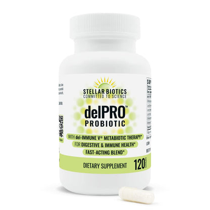 Del-Immune V® + Delpro Probiotic & Prebiotic Blend by Stellar Biotics - Promotes Optimal Gut Health, Digestion, Immune Support & Mood (120 Capsules) - Maple Wellness Supplements