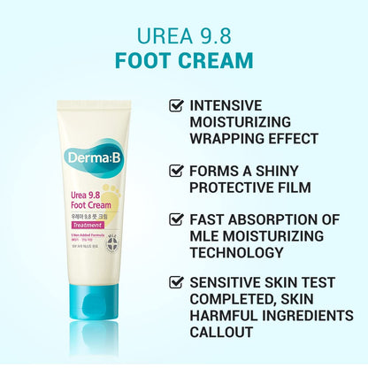 Derma B | Urea 9.8% Foot Cream | Foot Lotion for Dry Cracked Heel Treatment | Camellia Oil, Urea Cream for Feet | Hypoallergenic Leg Cream for Sensitive Skin | Woody Scent Foot Care | 2.7 fl oz (80ml) - Maple Wellness Supplements