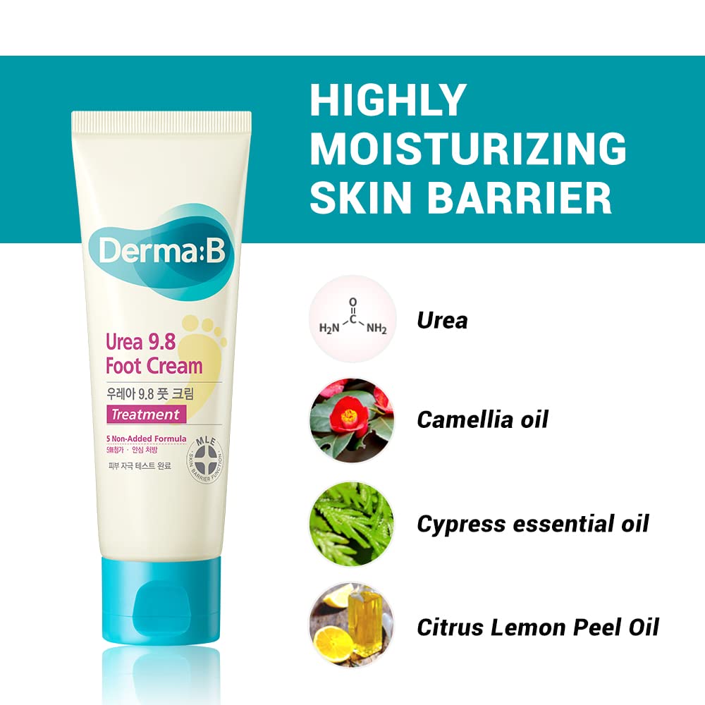 Derma B | Urea 9.8% Foot Cream | Foot Lotion for Dry Cracked Heel Treatment | Camellia Oil, Urea Cream for Feet | Hypoallergenic Leg Cream for Sensitive Skin | Woody Scent Foot Care | 2.7 fl oz (80ml) - Maple Wellness Supplements