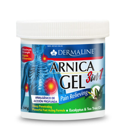 DERMALINE Arnica 3 in 1 Gel, Eucalyptus, Tea Tree Oil, Vitamin E - Fast Acting and Absorbing, Pain Relief - Maple Wellness Supplements