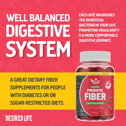 Desired Life Prebiotic Fiber Gummies for Adults and Kids – 4g Sugar Free Natural Berry Flavored Gummies - Supports Digestive Health - Maple Wellness Supplements