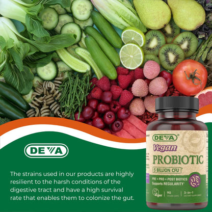 DEVA Vegan Probiotic Supplement - Pre, Pro, and Postbiotics for Digestive Health, 5 Billion CFU, Soil-Based, Spore-Forming, Dairy Free, FOS Prebiotics - Maple Wellness Supplements