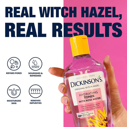 Dickinson's Enhanced Witch Hazel Hydrating Toner with Rosewater, Alcohol Free, 98% Natural Formula, 16 Fl Oz (Pack of 1) - Maple Wellness Supplements