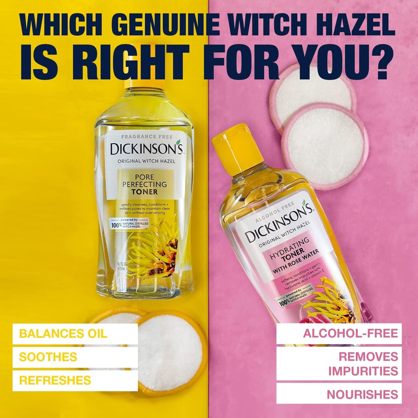 Dickinson's Enhanced Witch Hazel Hydrating Toner with Rosewater, Alcohol Free, 98% Natural Formula, 16 Fl Oz (Pack of 1) - Maple Wellness Supplements