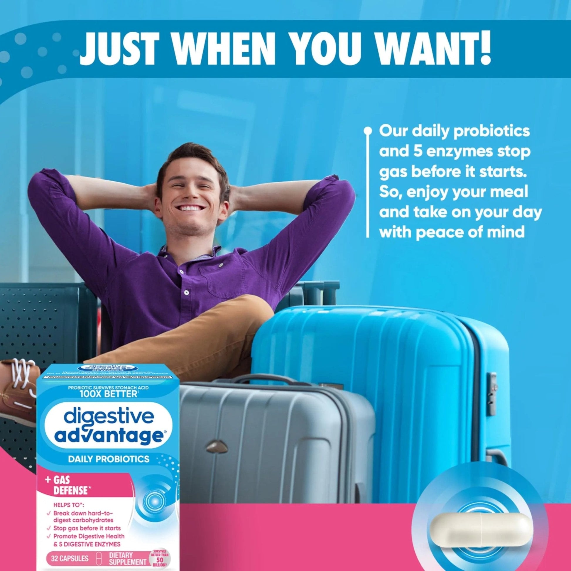 Digestive Enzyme and Probiotic Capsule- Digestive Advantage 32 Capsules, Survives 100x Better than regular 50 billion CFU, Breaks down food, helps prevent gas - Maple Wellness Supplements