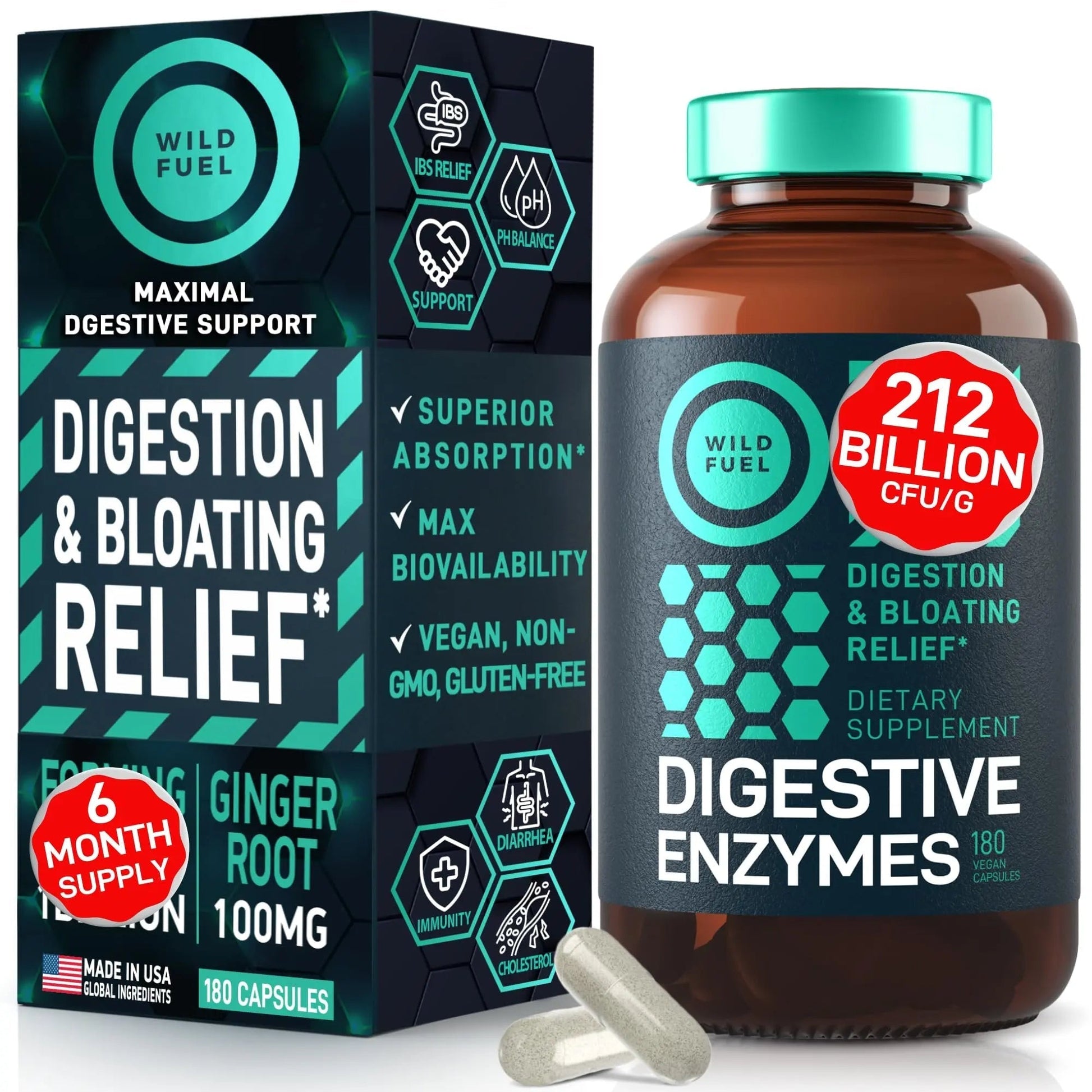 Digestive Enzymes for Women and Men with Probiotics and Prebiotics - Vegan Digestive Enzyme Blend - Bloating Support, Gut Health & Digestion Supplement with Artichoke Ginger Turmeric - 180 Capsules - Maple Wellness Supplements