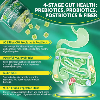 Digestive Enzymes Gummies for Women & Men, Multi-Enzymes with 90Billion CFU Probiotics and Prebiotics & Postbiotic, Vegetable & Fruit Fiber Blend, Super Enzymes for Digestive & Gut Health,Immune,60Cts - Maple Wellness Supplements
