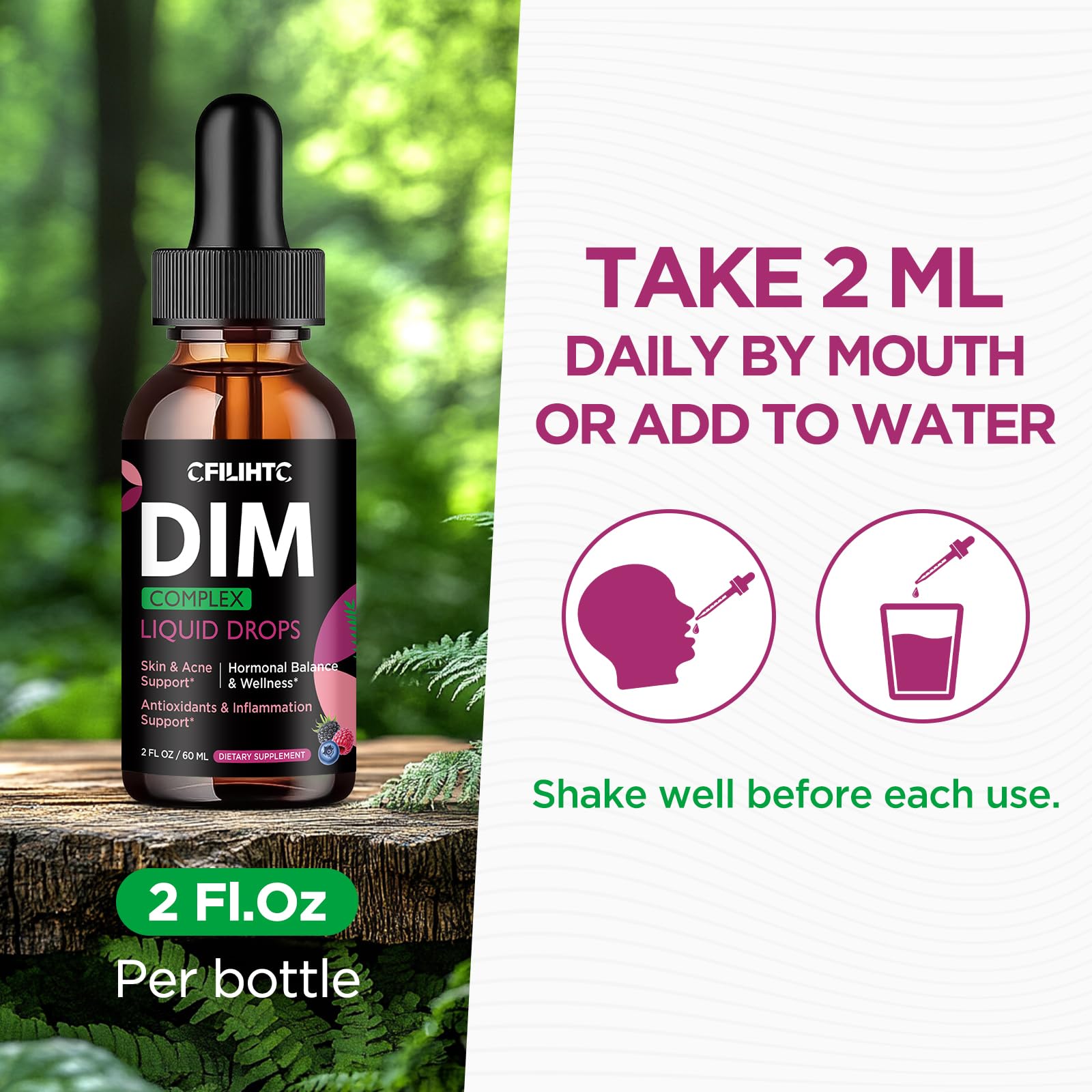 DIM Liquid Drops Supplement Women – Hormone Harmony for Women & Acne Supplements with Multivitamins, Inositol, Sulforaphane - Hormone Balance, Clear Skin & Mood Support, Mixed Berry Flavor 2 Fl Oz - Maple Wellness Supplements
