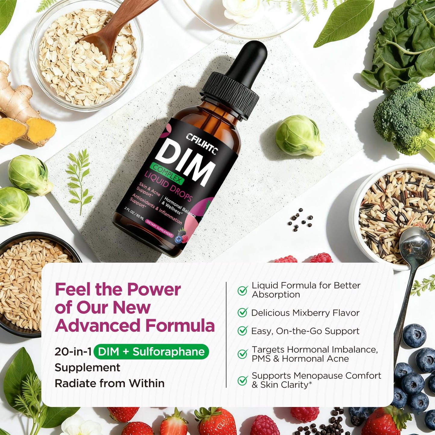 DIM Liquid Drops Supplement Women – Hormone Harmony for Women & Acne Supplements with Multivitamins, Inositol, Sulforaphane - Hormone Balance, Clear Skin & Mood Support, Mixed Berry Flavor 2 Fl Oz - Maple Wellness Supplements