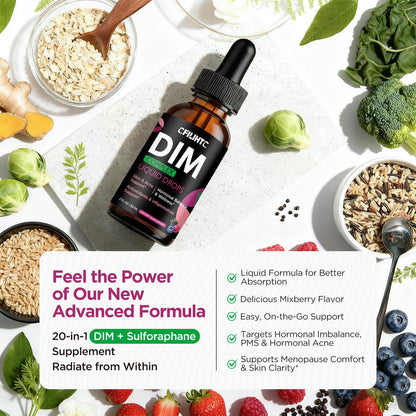 DIM Liquid Drops Supplement Women – Hormone Harmony for Women & Acne Supplements with Multivitamins, Inositol, Sulforaphane - Hormone Balance, Clear Skin & Mood Support, Mixed Berry Flavor 2 Fl Oz - Maple Wellness Supplements