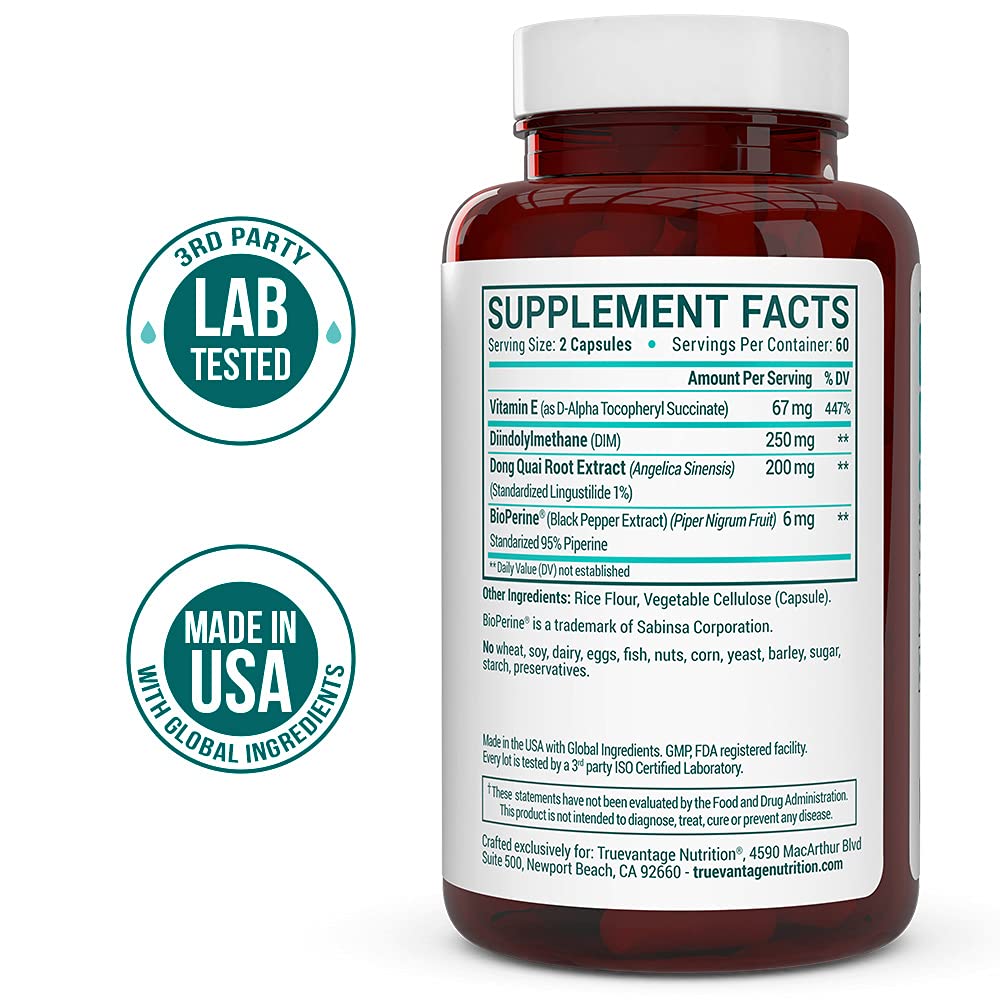 DIM Supplement 250mg (Diindolylmethane)-Plus Dong Quai, Natural Vitamin E & BioPerine - Supports Menopause Relief & Hormonal Acne -Hormone Balance Support for Women and Men-Veggie Caps - Maple Wellness Supplements