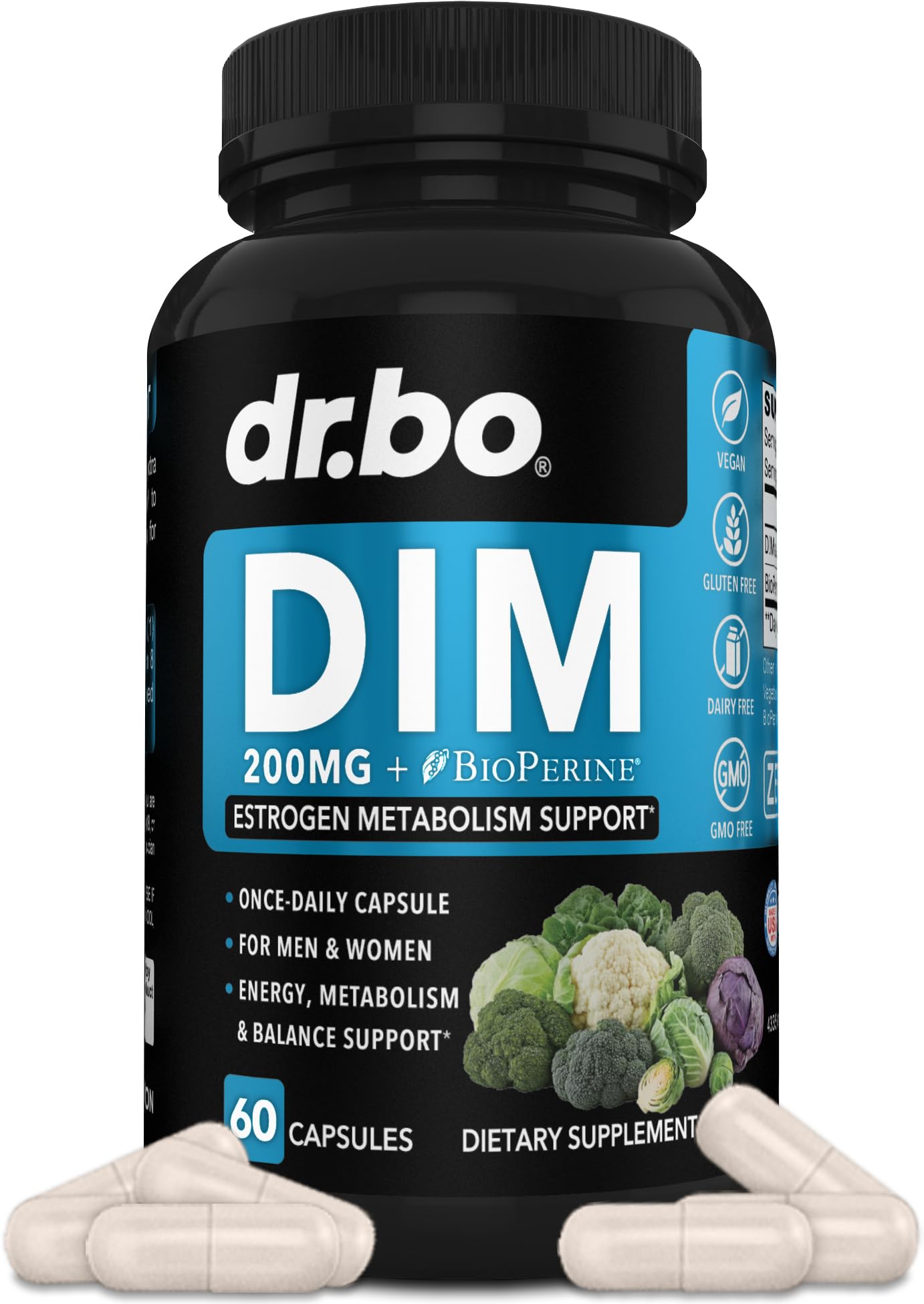 DIM Supplement for Women & Men 200mg - Androgen Estrogen Blocker for Men & Women, Hormonal Acne Pills, Hormone Balance, Menopause Support, Diindolylmethane DIM Supplement Plus BioPerine - 60 Capsules - Maple Wellness Supplements