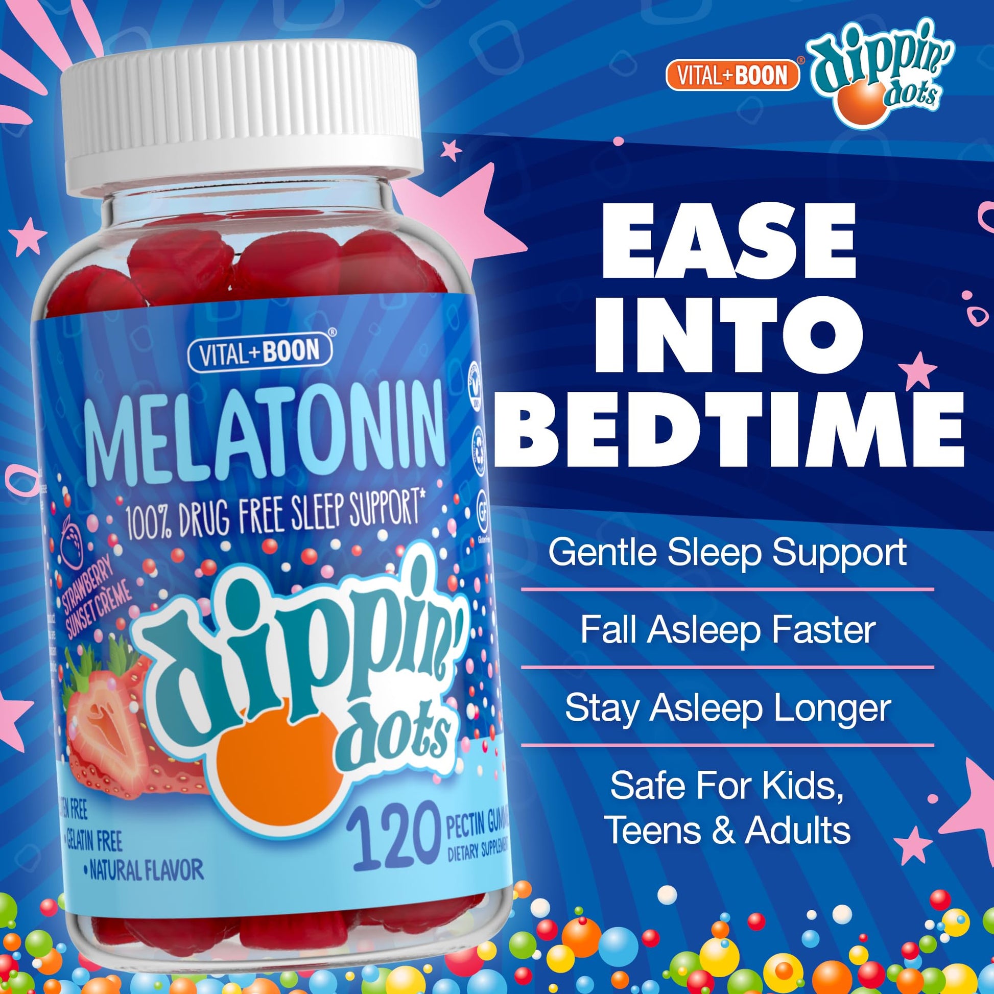 Dippin Dots - Melatonin Gummies for Kids & Adults (60 Days Supply) Strawberry Sunset Creme Flavor | 2.5mg Per Kids Melatonin Supplement for Faster, - Maple Wellness Supplements