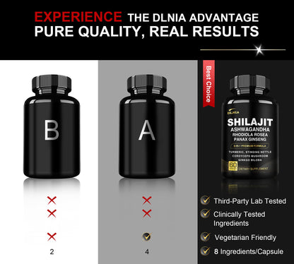 DLNIA 8-in-1 Shilajit for Men & Women with Ashwaganda Himalayan Organic Supplement with Rhodiola Rosea, Ginseng, Turmeric, Mushroom, for Immune Support, Energy, Calm, Focus, Clarity, Sleep, Cortisol - Maple Wellness Supplements