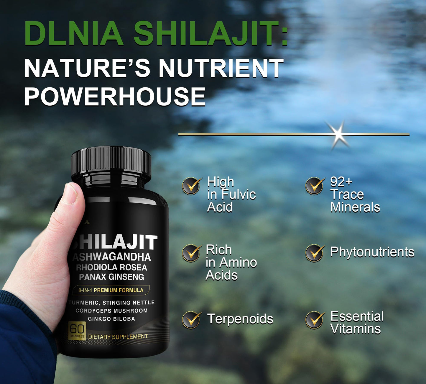 DLNIA 8-in-1 Shilajit for Men & Women with Ashwaganda Himalayan Organic Supplement with Rhodiola Rosea, Ginseng, Turmeric, Mushroom, for Immune Support, Energy, Calm, Focus, Clarity, Sleep, Cortisol - Maple Wellness Supplements