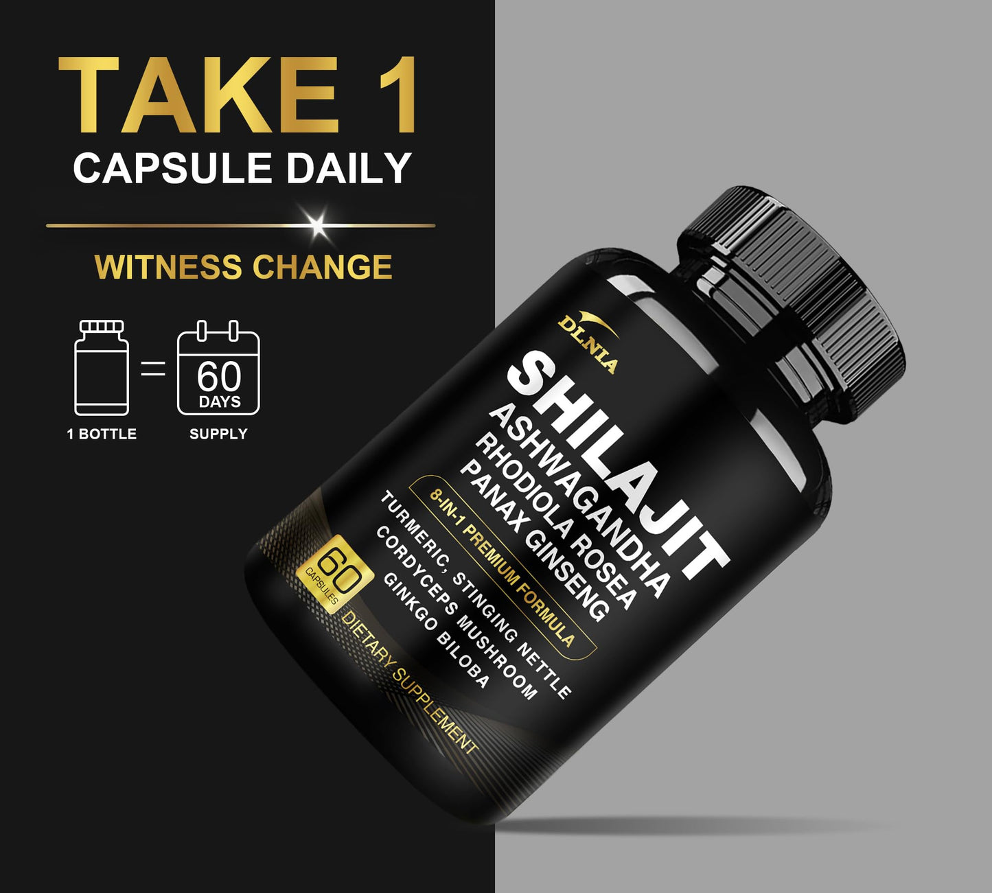 DLNIA 8-in-1 Shilajit for Men & Women with Ashwaganda Himalayan Organic Supplement with Rhodiola Rosea, Ginseng, Turmeric, Mushroom, for Immune Support, Energy, Calm, Focus, Clarity, Sleep, Cortisol - Maple Wellness Supplements