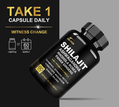 DLNIA 8-in-1 Shilajit for Men & Women with Ashwaganda Himalayan Organic Supplement with Rhodiola Rosea, Ginseng, Turmeric, Mushroom, for Immune Support, Energy, Calm, Focus, Clarity, Sleep, Cortisol - Maple Wellness Supplements