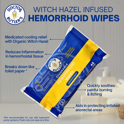 Doctor Butler's Flushable Hemorrhoid Wipes – Flushable Wipes with Witch Hazel to Soothe and Bring Relief from Discomfort Associated with Hemorrhoids (48 Wipes) - Maple Wellness Supplements