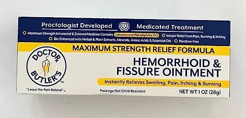Doctor Butler’s Hemorrhoid & Fissure Ointment – Hemorrhoid Treatment and Hemorrhoid Cream with Lidocaine and Phenylephrine HCI for Fast Acting Relief of Pain, Swelling, Discomfort, and Itching (1 oz.) - Maple Wellness Supplements