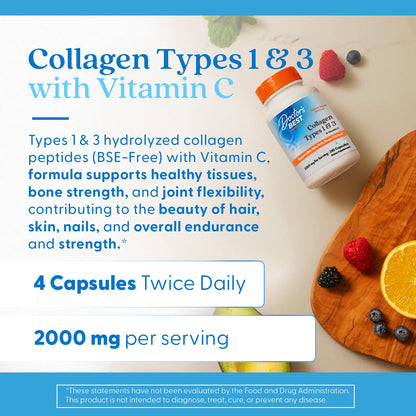 Doctor's Best Collagen Types 1 & 3 with Vitamin C, Non-GMO, Gluten Free, Soy Free, Supports Hair, Skin, Nails, Tendons & Bones, 500 mg, 240 Caps (DRB-00263) - Maple Wellness Supplements