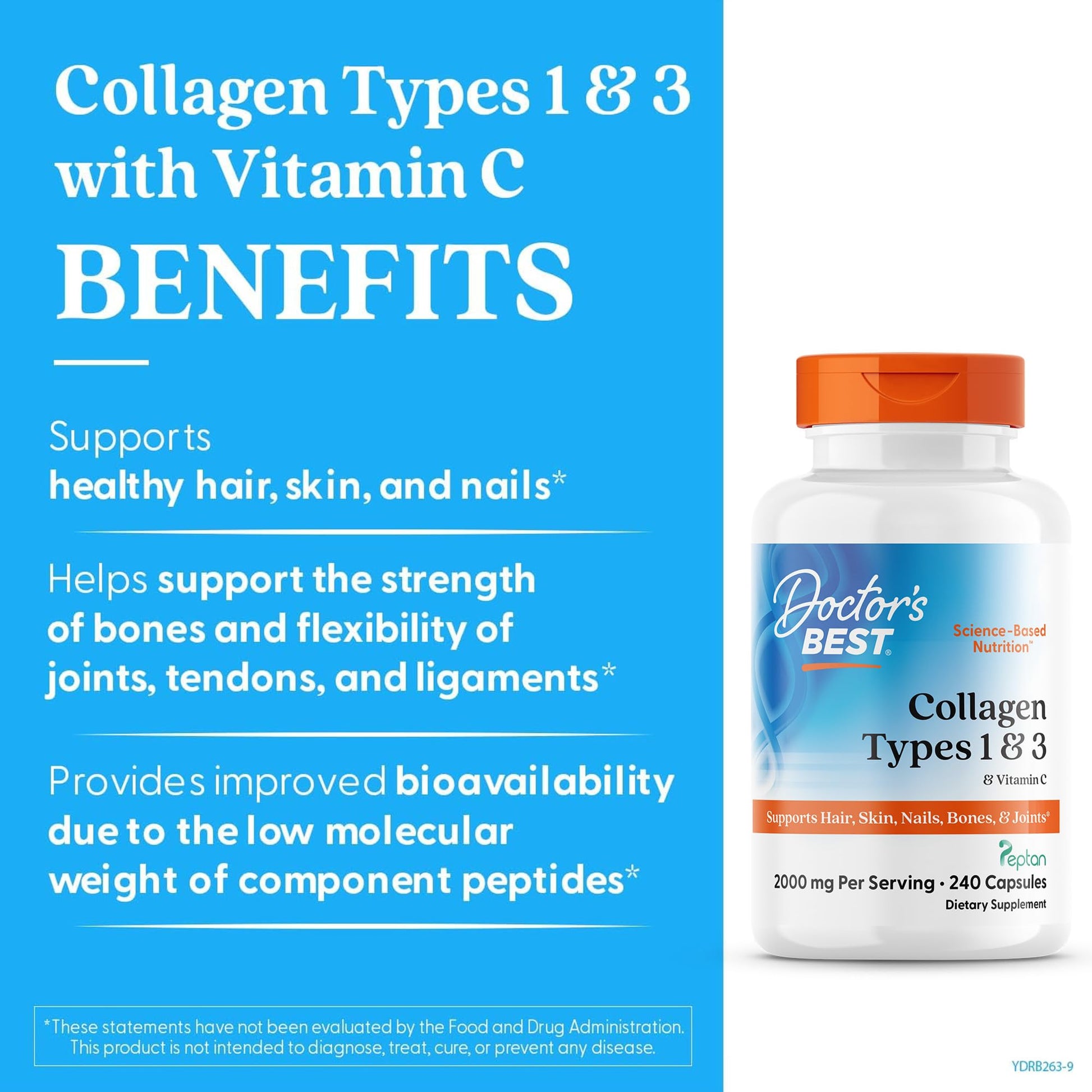 Doctor's Best Collagen Types 1 & 3 with Vitamin C, Non-GMO, Gluten Free, Soy Free, Supports Hair, Skin, Nails, Tendons & Bones, 500 mg, 240 Caps (DRB-00263) - Maple Wellness Supplements