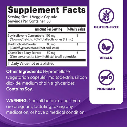 Doctors Best Womens Menopause Support (Soy Isoflavone, Black Cohosh, Chaste Tree), Multi-Symptom Relief, Non-GMO, Gluten Free, Vegan 30 Veggie Caps - Maple Wellness Supplements