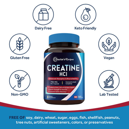 Doctor's Recipes Creatine HCl Capsules, 750 mg, Creatine Hydrochloride for Women & Men, Strength & Recovery, Brain Health, Fast Absorbing, Vegan, 90 Capsules - Maple Wellness Supplements