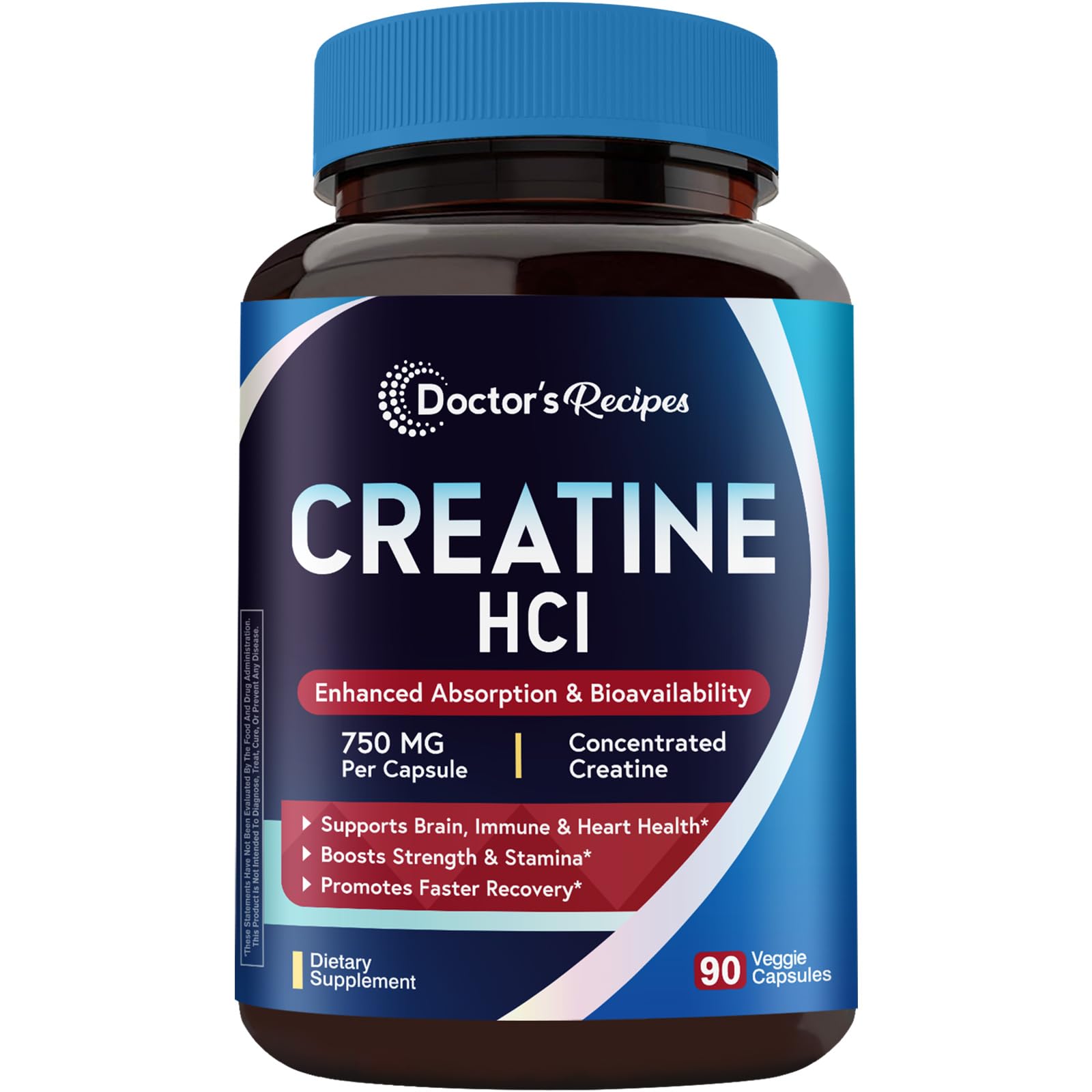 Doctor's Recipes Creatine HCl Capsules, 750 mg, Creatine Hydrochloride for Women & Men, Strength & Recovery, Brain Health, Fast Absorbing, Vegan, 90 Capsules - Maple Wellness Supplements