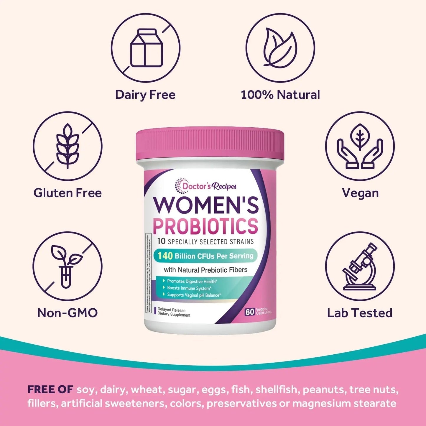 Doctor's Recipes Probiotics for Women, Organic Prebiotics and Probiotics for Digestive Health, Vaginal Health, 140 Billion CFU, 10 Strains, Shelf Stable, 60 Capsules - Maple Wellness Supplements