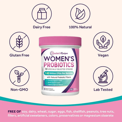 Doctor's Recipes Probiotics for Women, Organic Prebiotics and Probiotics for Digestive Health, Vaginal Health, 140 Billion CFU, 10 Strains, Shelf Stable, 60 Capsules - Maple Wellness Supplements