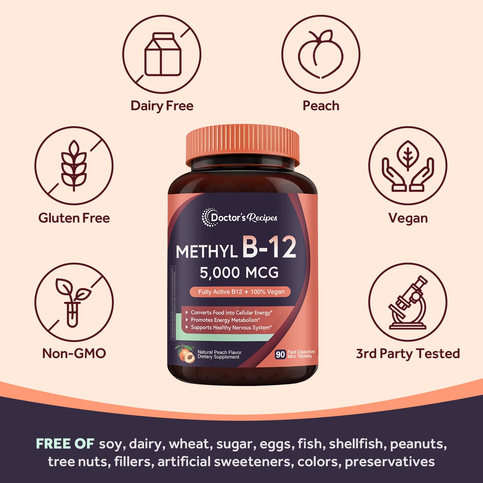 Doctor's Recipes Vitamin B12, Methylcobalamin 5000 mcg 90 Fast Dissolve Tablets, Natural Peach Flavor, Vegan Methyl, Energy Metabolism & Nervous System - Maple Wellness Supplements