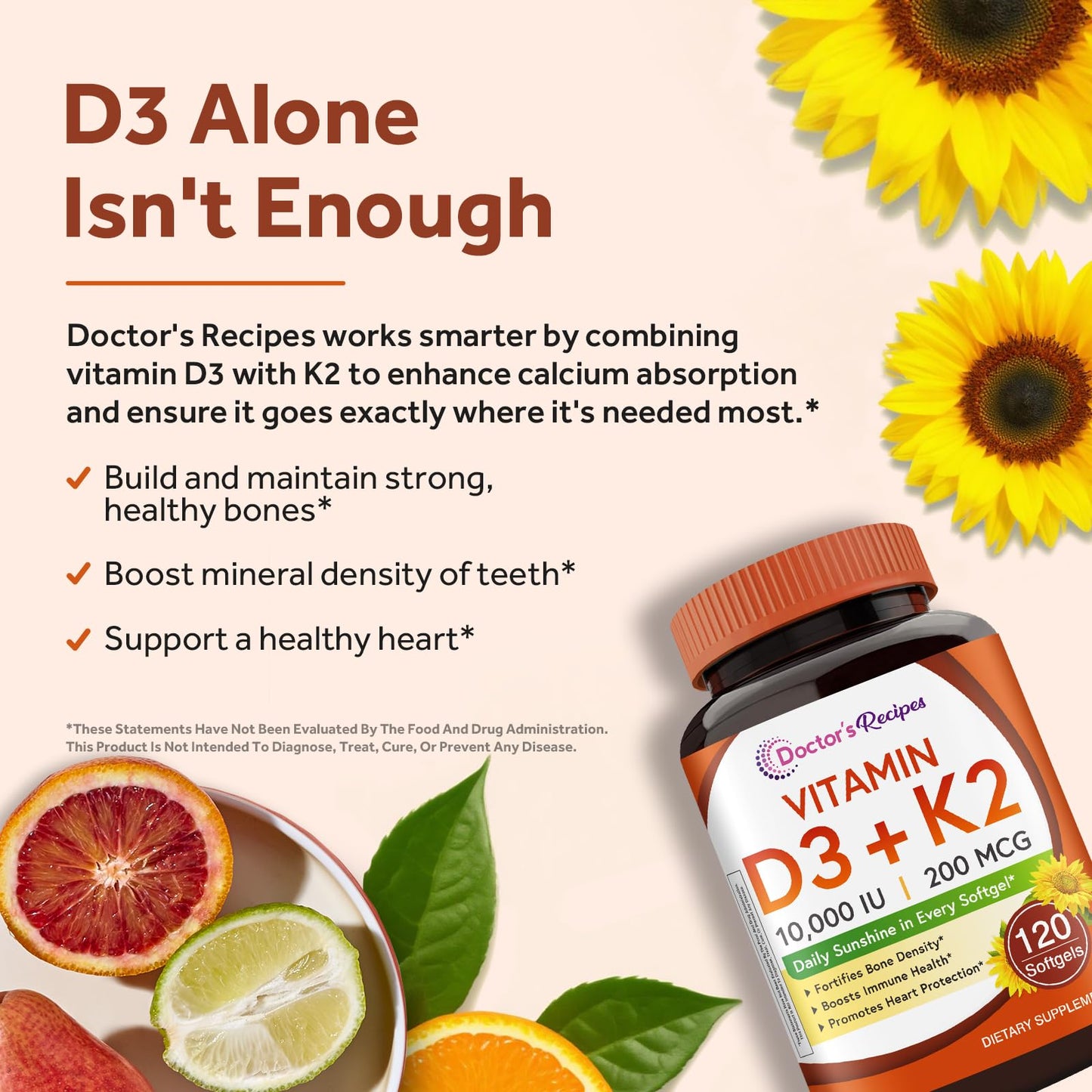 Doctor's Recipes Vitamin D3 K2, 10,000 IU, 200 mcg, MK-7, Strong Bone Density, Teeth, Immune, Heart Support, Energy, Calcium Absorption, - Maple Wellness Supplements