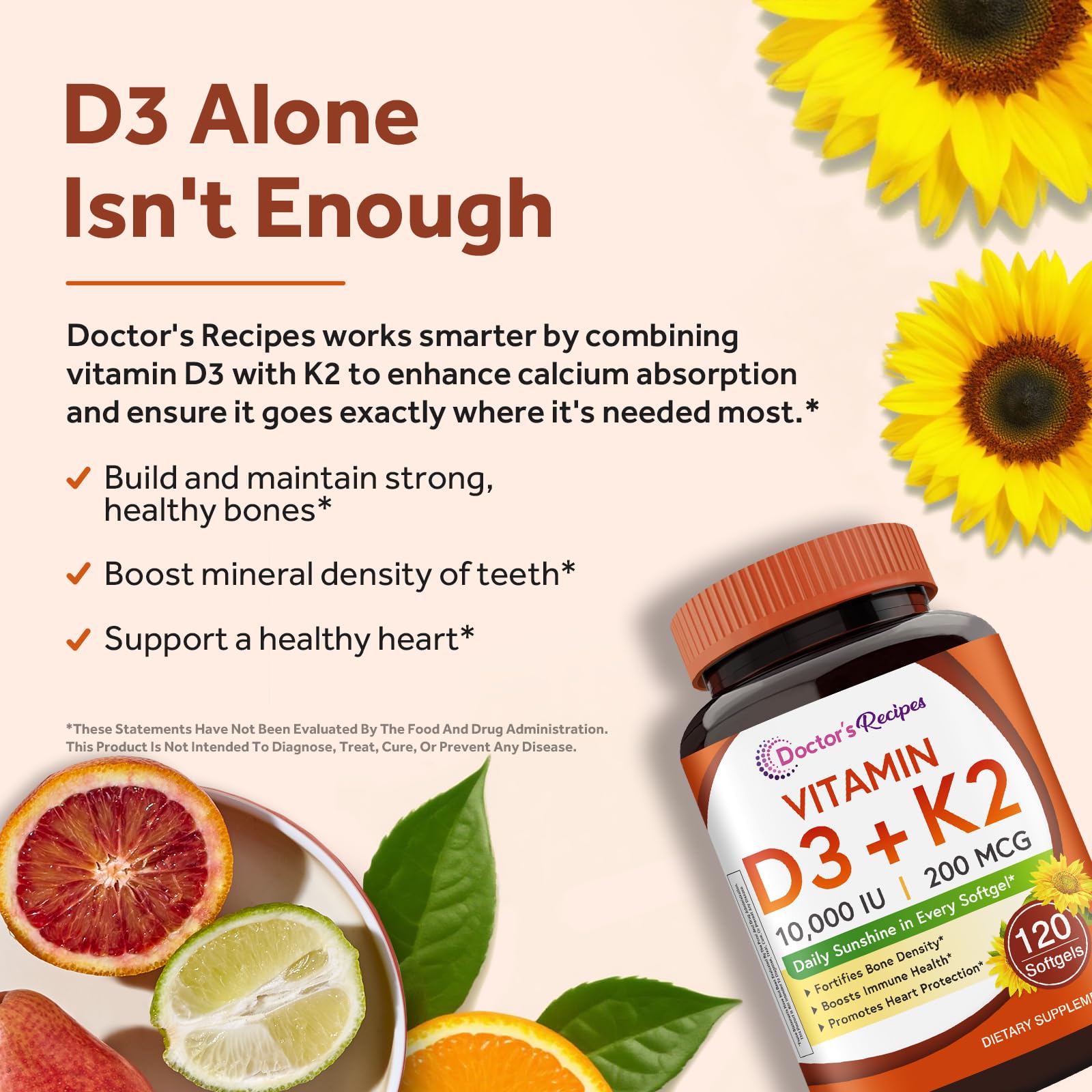 Doctor's Recipes Vitamin D3 K2, 10,000 IU, 200 mcg, MK-7, Strong Bone Density, Teeth, Immune, Heart Support, Energy, Calcium Absorption, - Maple Wellness Supplements