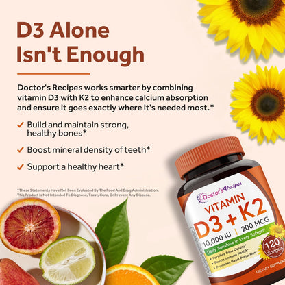 Doctor's Recipes Vitamin D3 K2, 10,000 IU, 200 mcg, MK-7, Strong Bone Density, Teeth, Immune, Heart Support, Energy, Calcium Absorption, - Maple Wellness Supplements