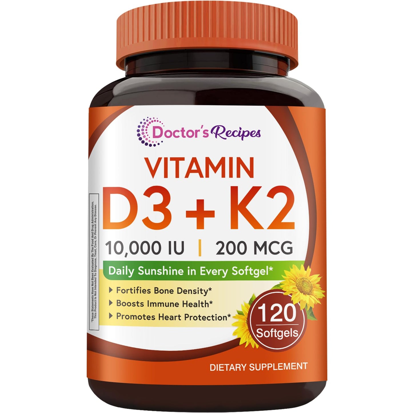Doctor's Recipes Vitamin D3 K2, 10,000 IU, 200 mcg, MK-7, Strong Bone Density, Teeth, Immune, Heart Support, Energy, Calcium Absorption, - Maple Wellness Supplements