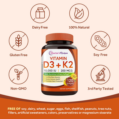 Doctor's Recipes Vitamin D3 K2, 10,000 IU, 200 mcg, MK-7, Strong Bone Density, Teeth, Immune, Heart Support, Energy, Calcium Absorption, - Maple Wellness Supplements