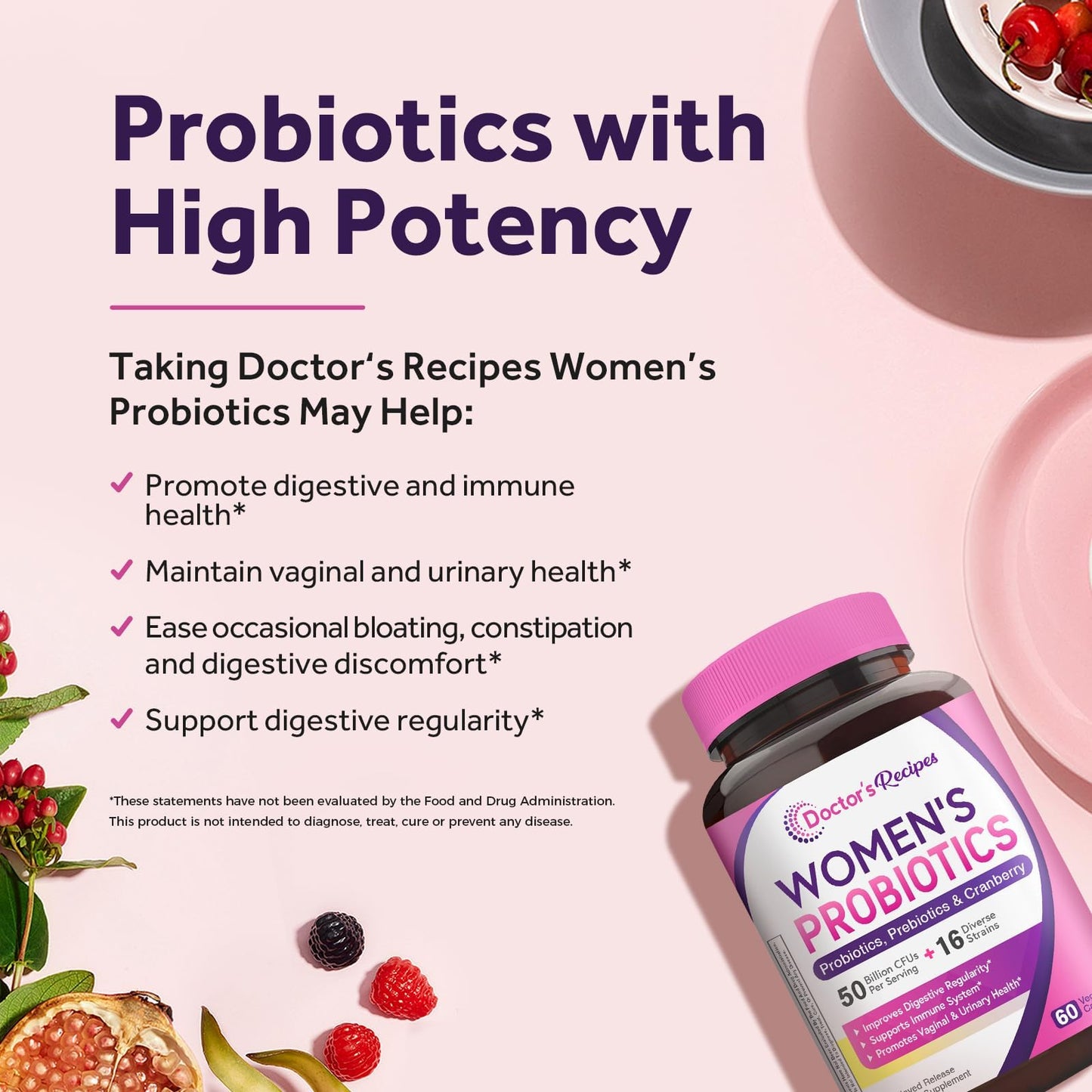 Doctor's Recipes Women's Probiotic, 60 Caps 50 Billion CFU 16 Strains, with Organic Cranberry, Digestive Immune Vaginal & Urinary Health, Shelf Stable - Maple Wellness Supplements