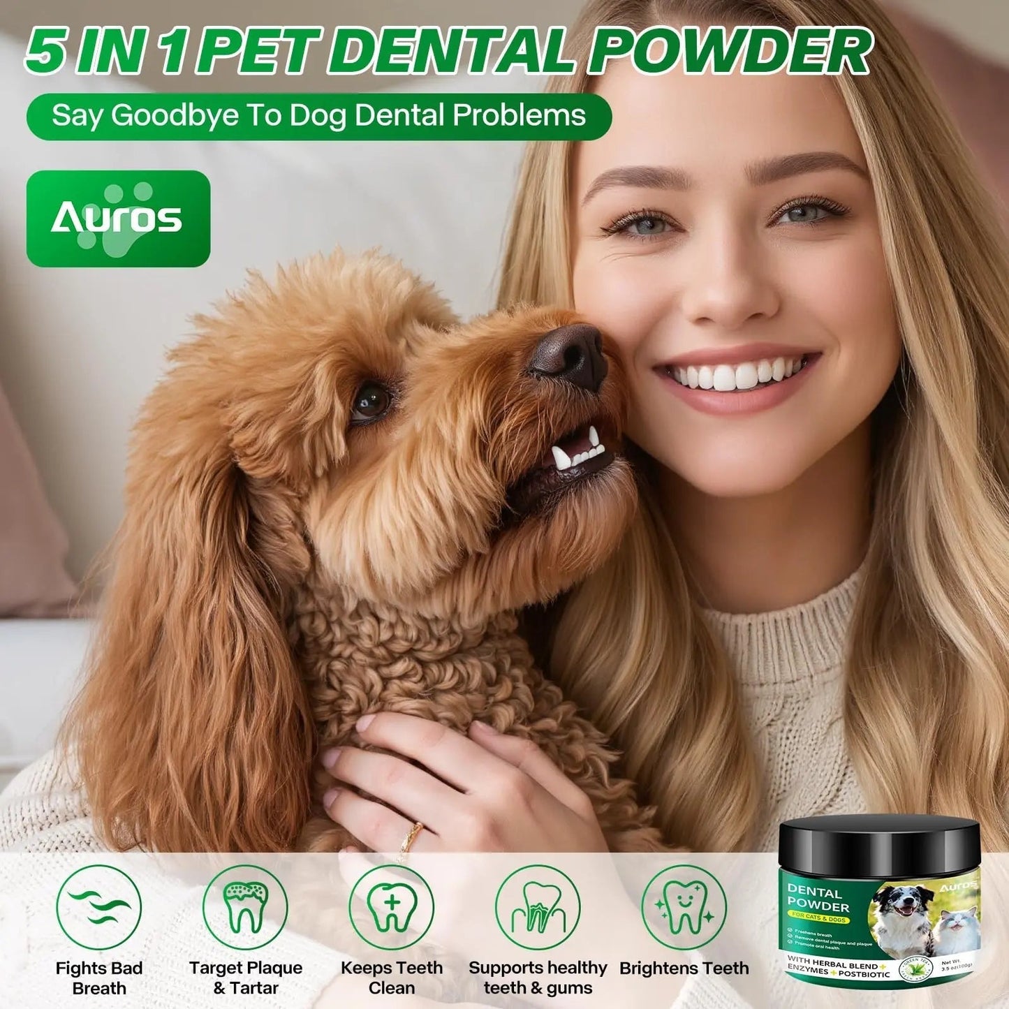 Dog Dental Powder for Teeth Cleaning Plaque & Bad Breath Off, Dental Powder for Dogs Teeth with Natural Herbal Blend & Postbiotics, Dog Teeth Cleaning Powder with Enzymes for Dogs & Cats (3.5oz) - Maple Wellness Supplements