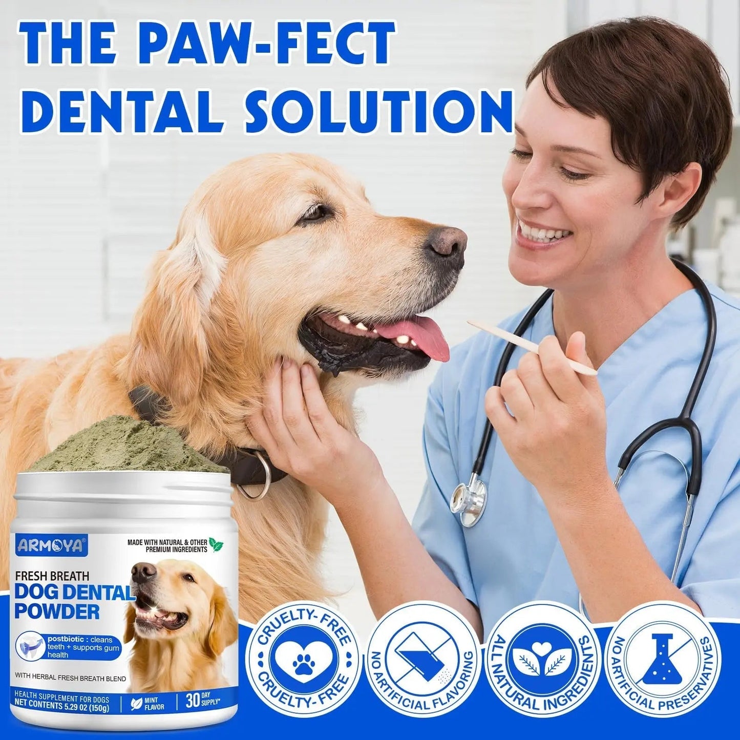 Dog Teeth Cleaning Powder - Dental Powder for Dogs Teeth - Plaque Removal - Supports Gum Health - Tartar Remover with Natural Herb Blend and Postbiotics 30 Day Supply - Mint Flavor - Maple Wellness Supplements