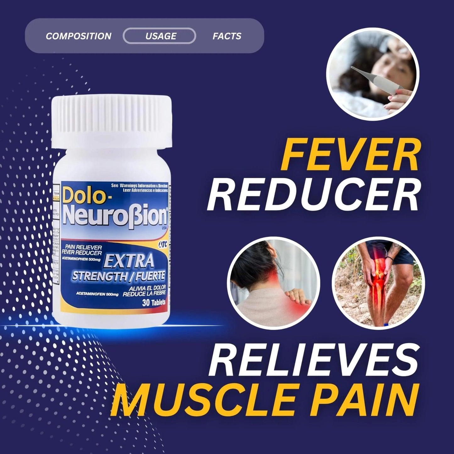 Dolo Neurobion 30 Tablets - Pain Reliever, Fever Reducer, Extra Strength, Fuerte, Alivia el Dolor, Reduce la Fiebre - Maple Wellness Supplements