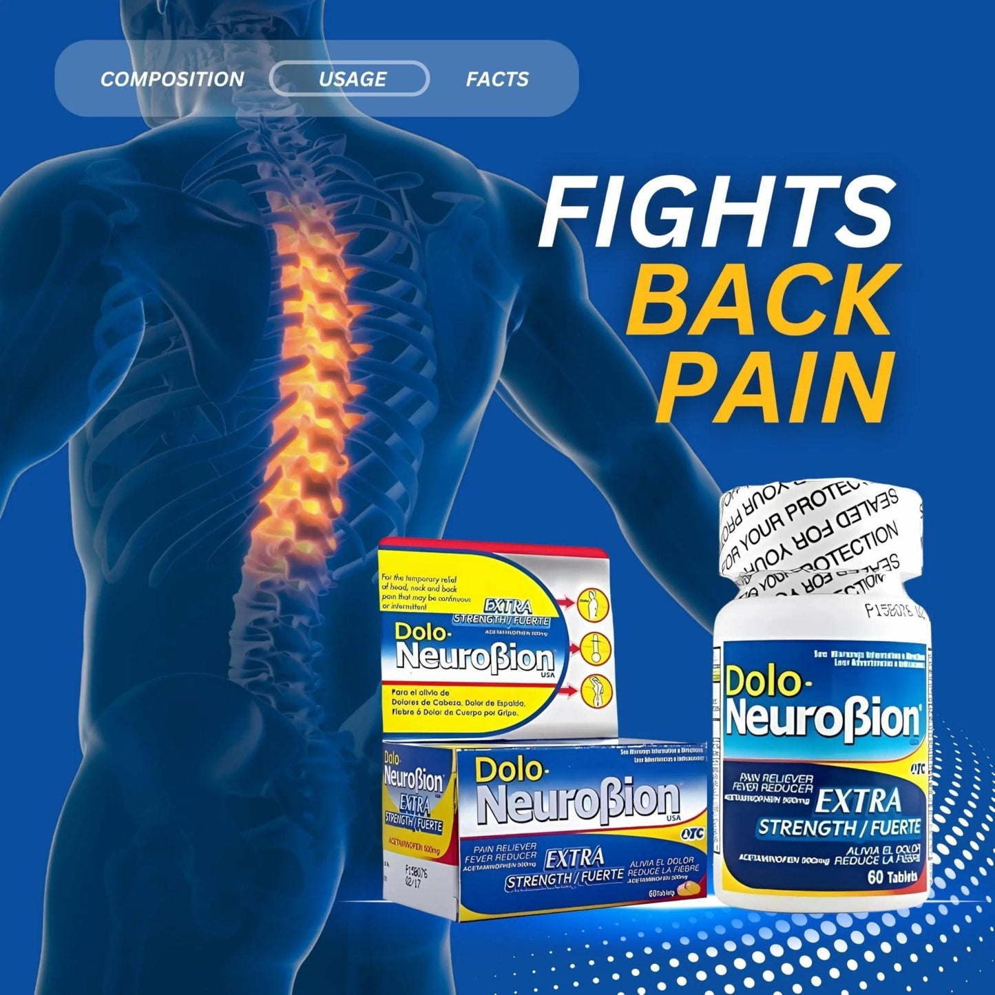 Dolo Neurobion Pain Reliever, Fever Reducer, Extra Strength. Alivia el Dolor,Reduce la Fiebre, Extra Fuerte. 60 Tablets. Acetaminophen 500 mg - Maple Wellness Supplements