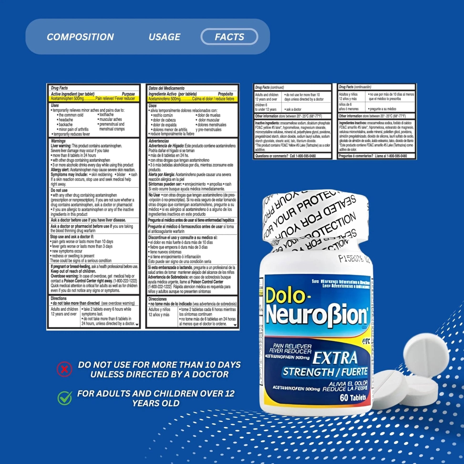 Dolo Neurobion Pain Reliever, Fever Reducer, Extra Strength. Alivia el Dolor,Reduce la Fiebre, Extra Fuerte. 60 Tablets. Acetaminophen 500 mg - Maple Wellness Supplements